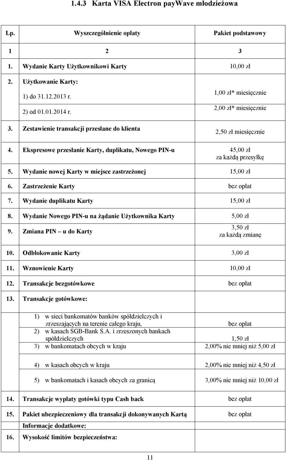 Ekspresowe przesłanie Karty, duplikatu, Nowego PIN-u 4 za każdą przesyłkę 5. Wydanie nowej Karty w miejsce zastrzeżonej 1 6. Zastrzeżenie Karty 7. Wydanie duplikatu Karty 1 8.