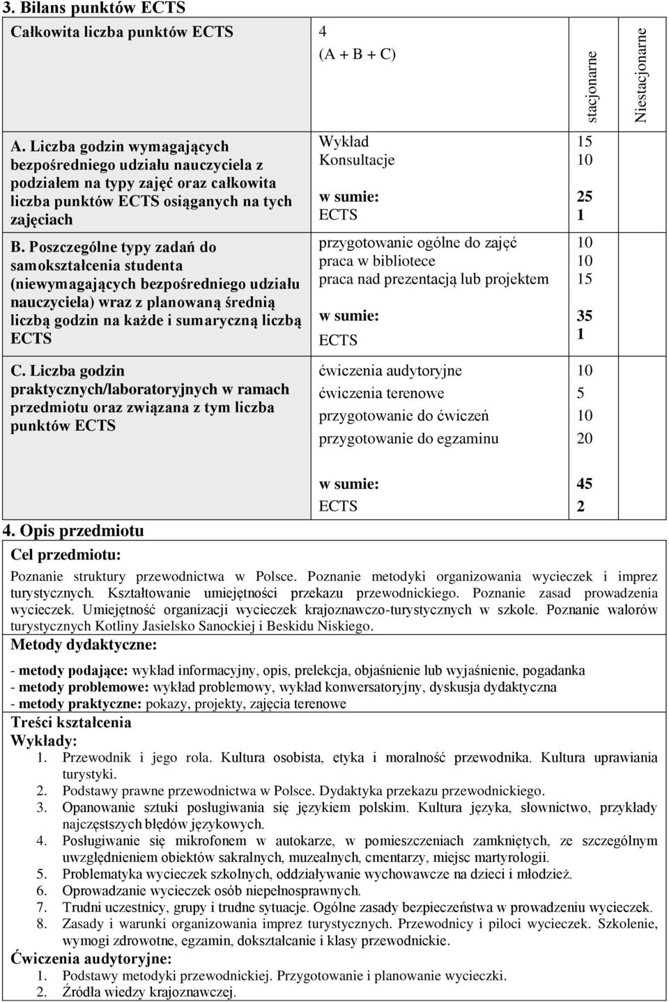 Poszczególne typy zadań samokształcenia studenta (niewymagających bezpośredniego udziału nauczyciela) wraz z planowaną średnią liczbą godzin na każde i sumaryczną liczbą C.