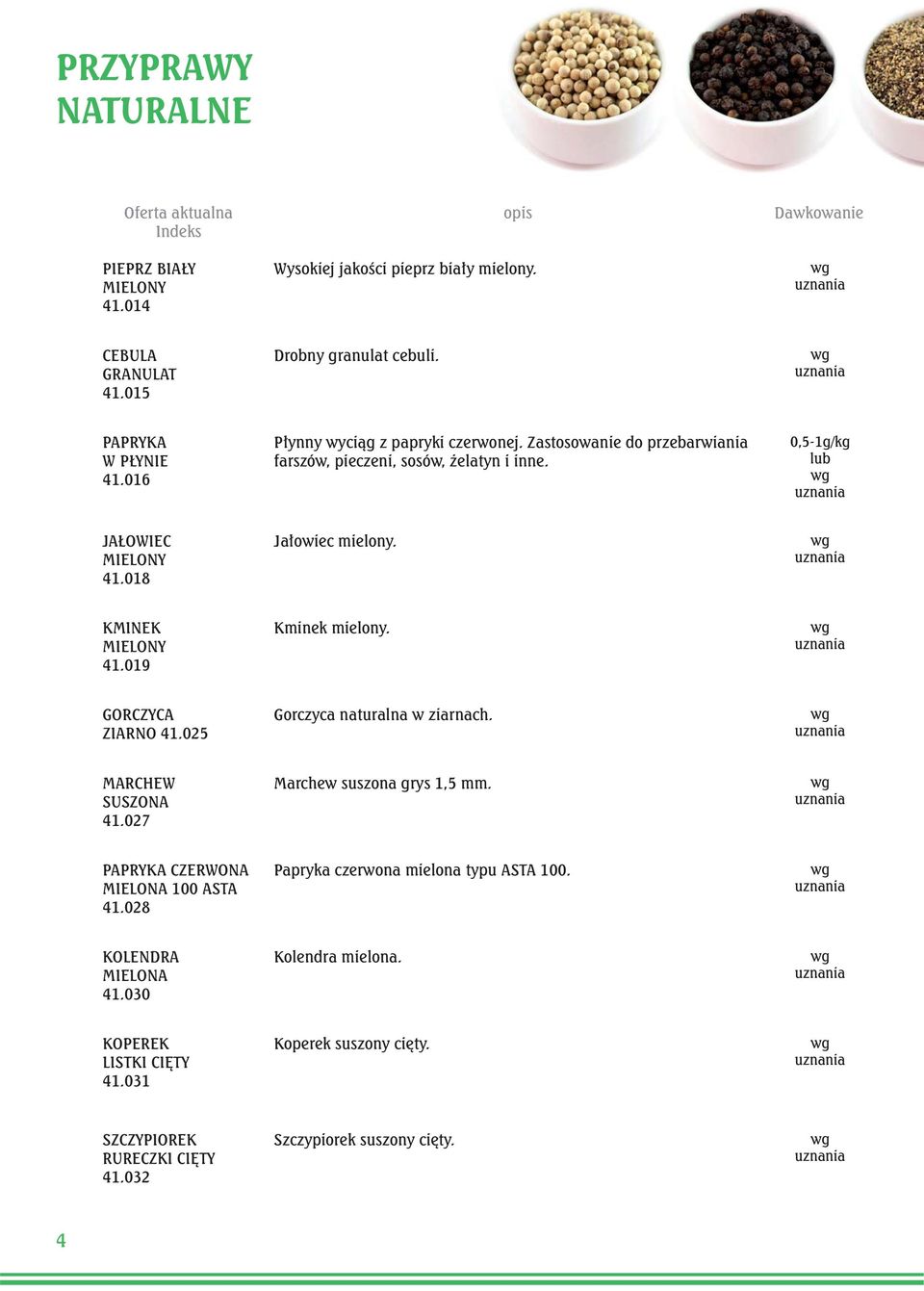 018 Jałowiec mielony. KMINEK MIELONY 41.019 Kminek mielony. GORCZYCA ZIARNO 41.025 Gorczyca naturalna w ziarnach. MARCHEW SUSZONA 41.027 Marchew suszona grys 1,5 mm.