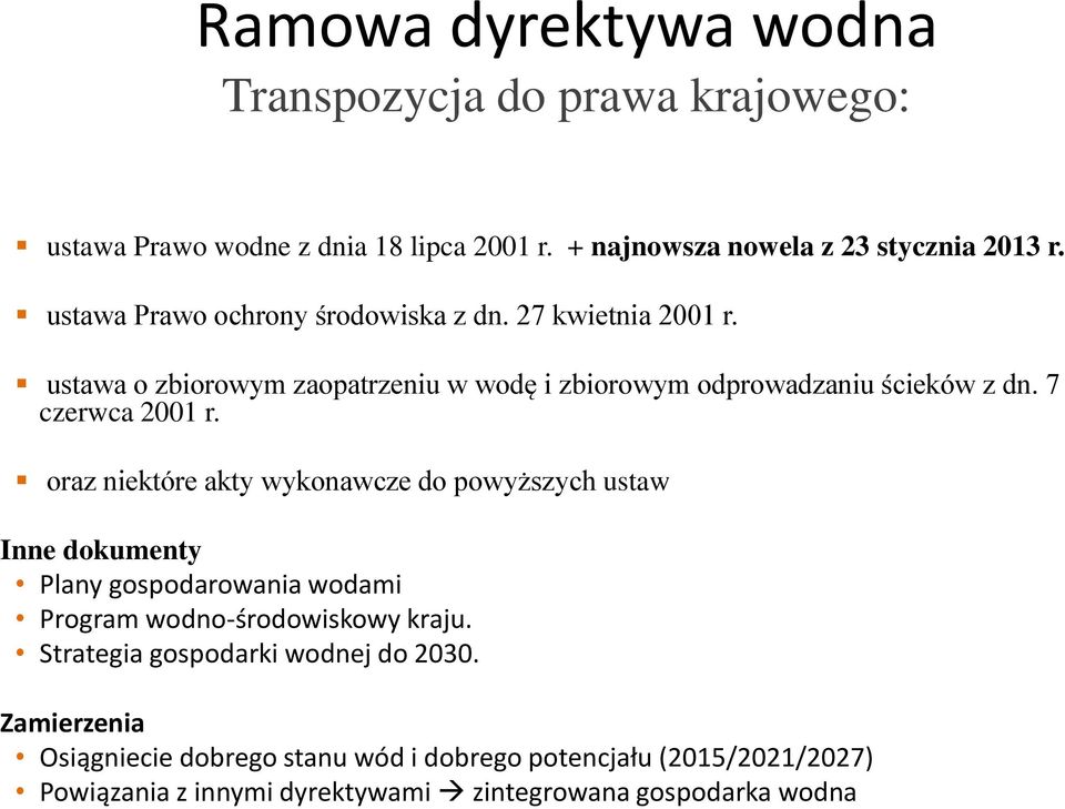 7 czerwca 2001 r. oraz niektóre akty wykonawcze do powyższych ustaw Inne dokumenty Plany gospodarowania wodami Program wodno-środowiskowy kraju.