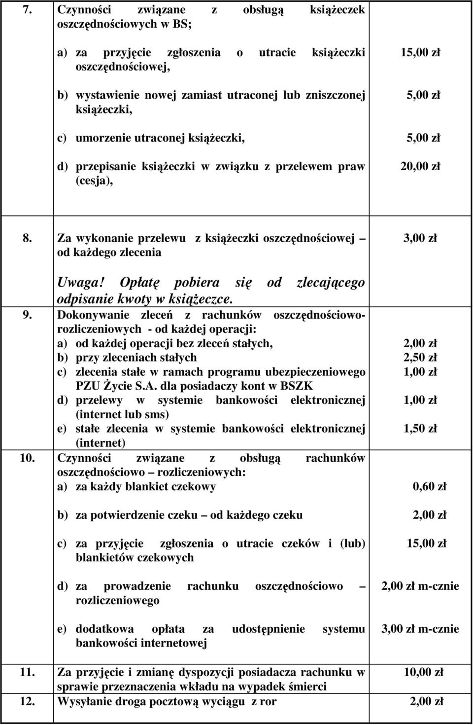 Za wykonanie przelewu z ksiąŝeczki oszczędnościowej od kaŝdego zlecenia Uwaga! Opłatę pobiera się od zlecającego odpisanie kwoty w ksiąŝeczce. 9.