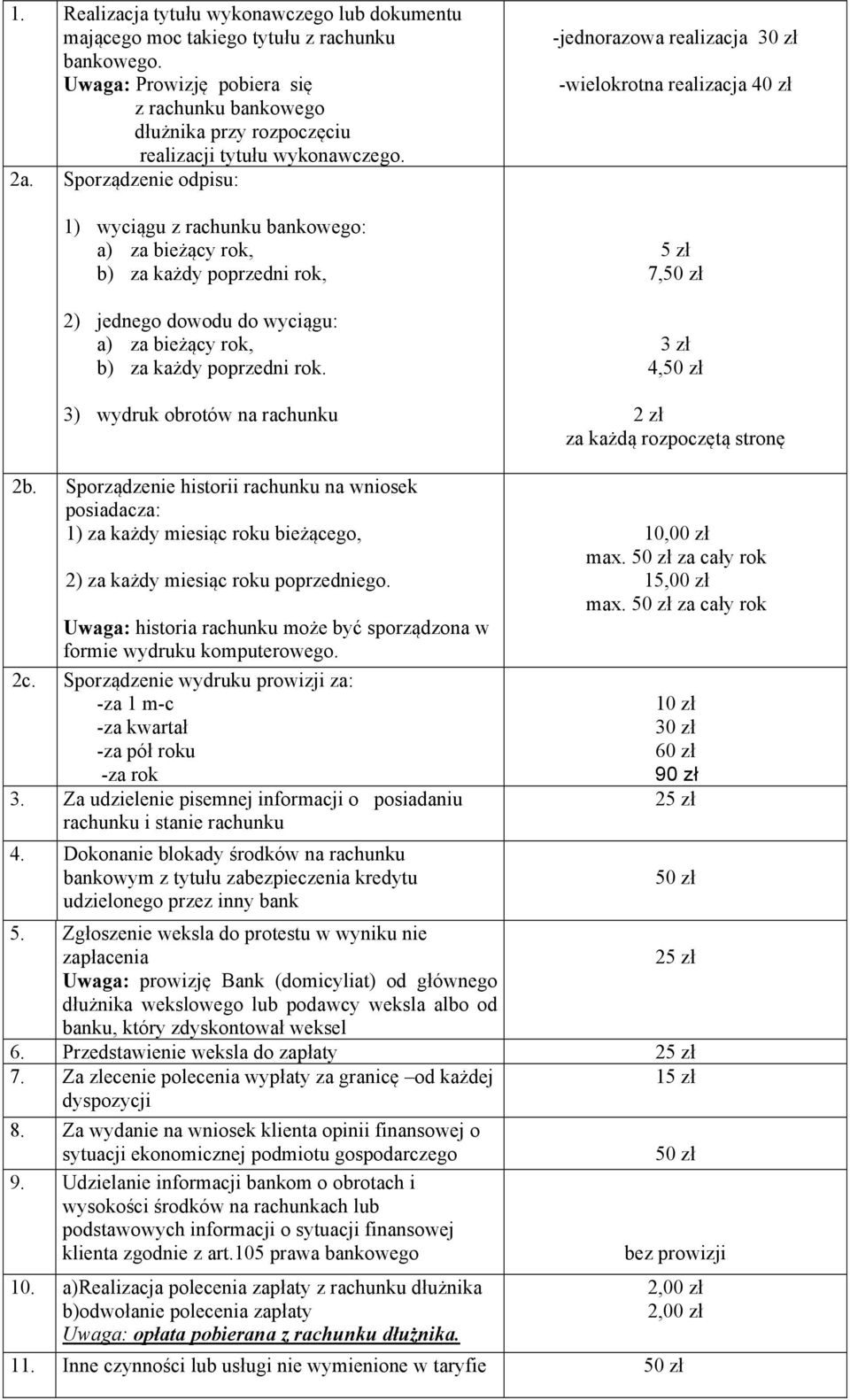 Sporządzenie odpisu: 1) wyciągu z rachunku bankowego: a) za bieżący rok, b) za każdy poprzedni rok, 2) jednego dowodu do wyciągu: a) za bieżący rok, b) za każdy poprzedni rok.