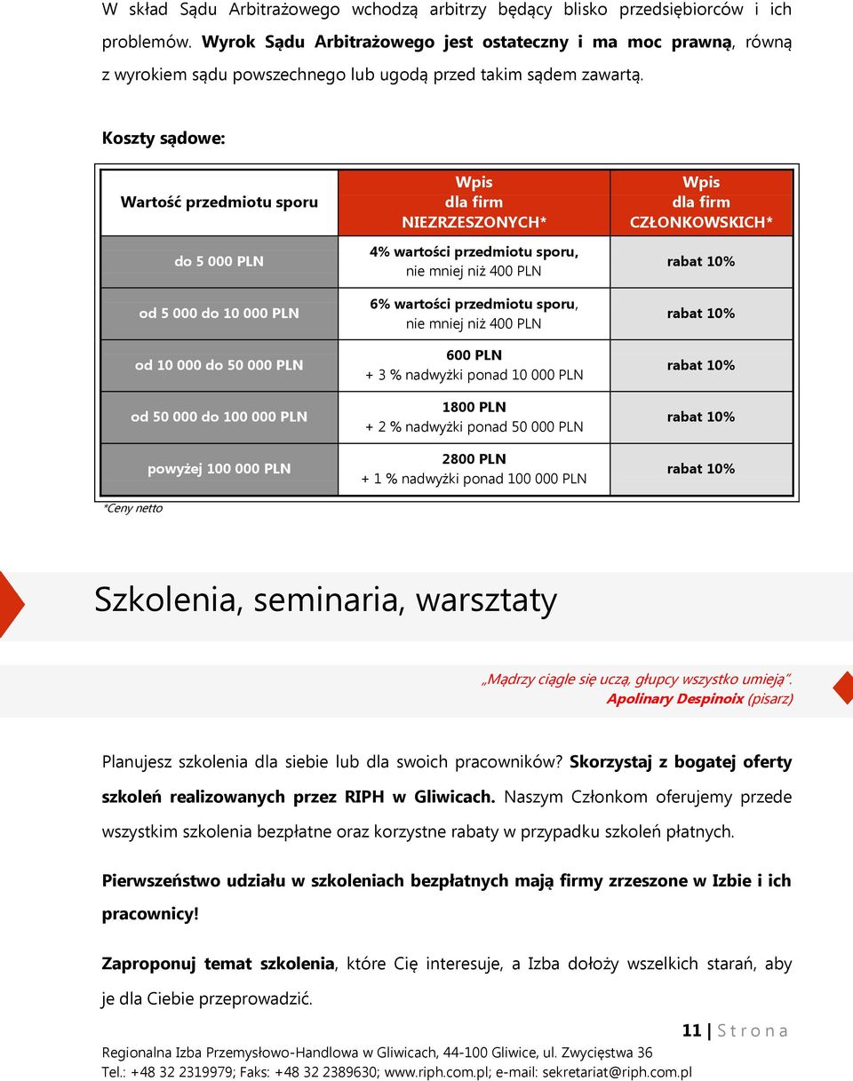 Koszty sądowe: Wartość przedmiotu sporu do 5 000 PLN od 5 000 do 10 000 PLN od 10 000 do 50 000 PLN od 50 000 do 100 000 PLN powyżej 100 000 PLN Wpis dla firm NIEZRZESZONYCH* 4% wartości przedmiotu