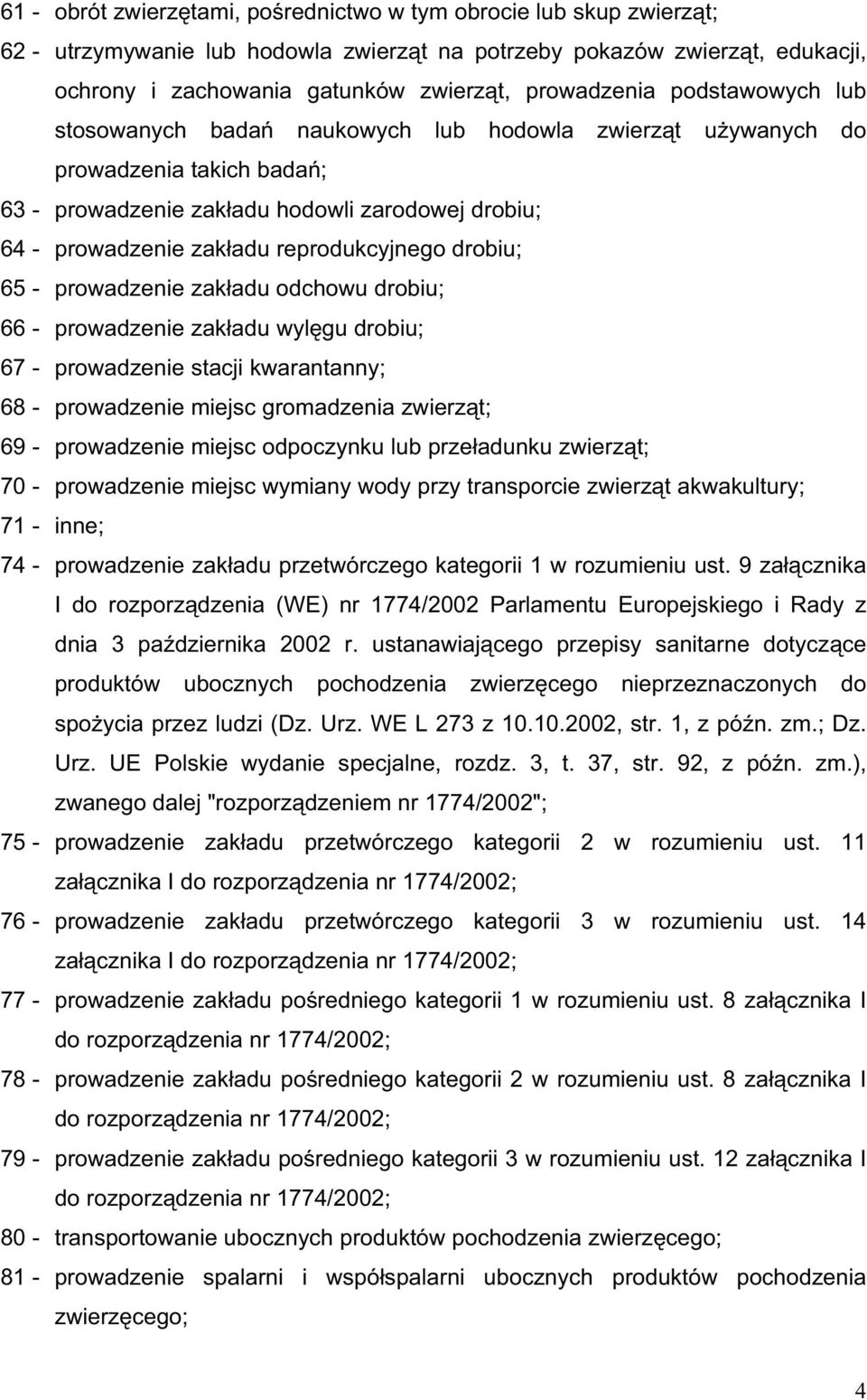 reprodukcyjnego drobiu; 65 - prowadzenie zak adu odchowu drobiu; 66 - prowadzenie zak adu wyl gu drobiu; 67 - prowadzenie stacji kwarantanny; 68 - prowadzenie miejsc gromadzenia zwierz t; 69 -