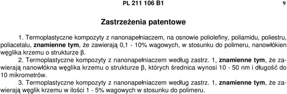 stosunku do polimeru, nanowłókien węglika krzemu o strukturze β. 2. Termoplastyczne kompozyty z nanonapełniaczem według zastrz.