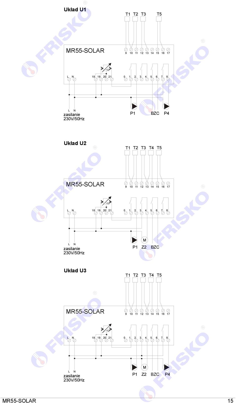 19 20 21 0 1 2 3 4 5 6 7 8 zasilanie 230V/50Hz P1 M Z2 BZC Układ U3 T1 T2 T3 T4 T5 MR55-SOAR 9