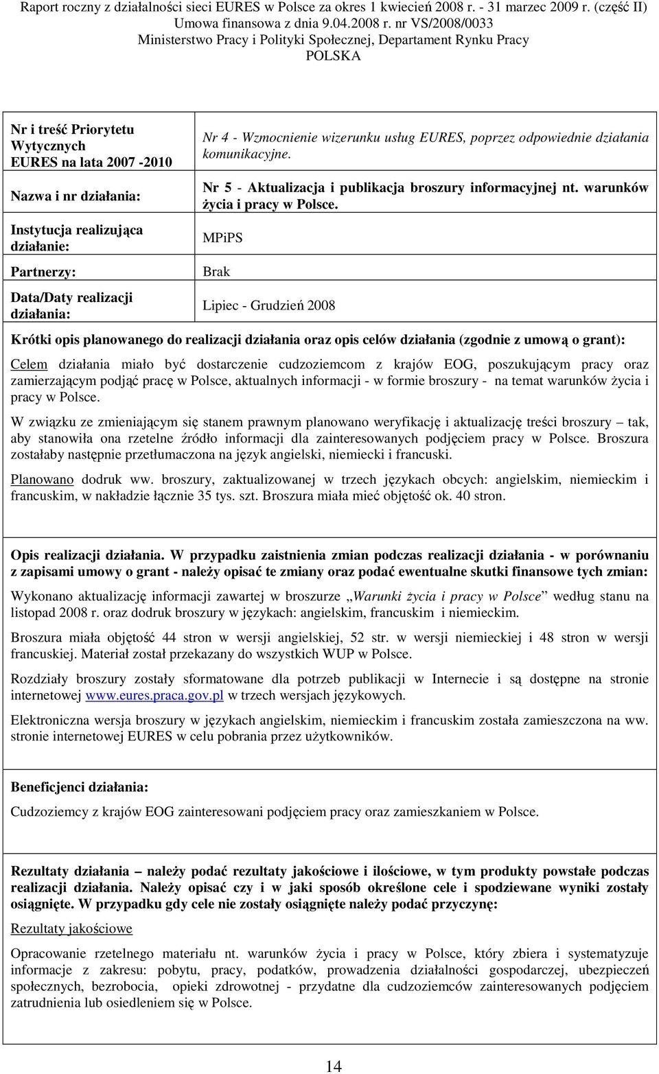 MPiPS Brak Lipiec - Grudzień 2008 Krótki opis planowanego do realizacji działania oraz opis celów działania (zgodnie z umową o grant): Celem działania miało być dostarczenie cudzoziemcom z krajów