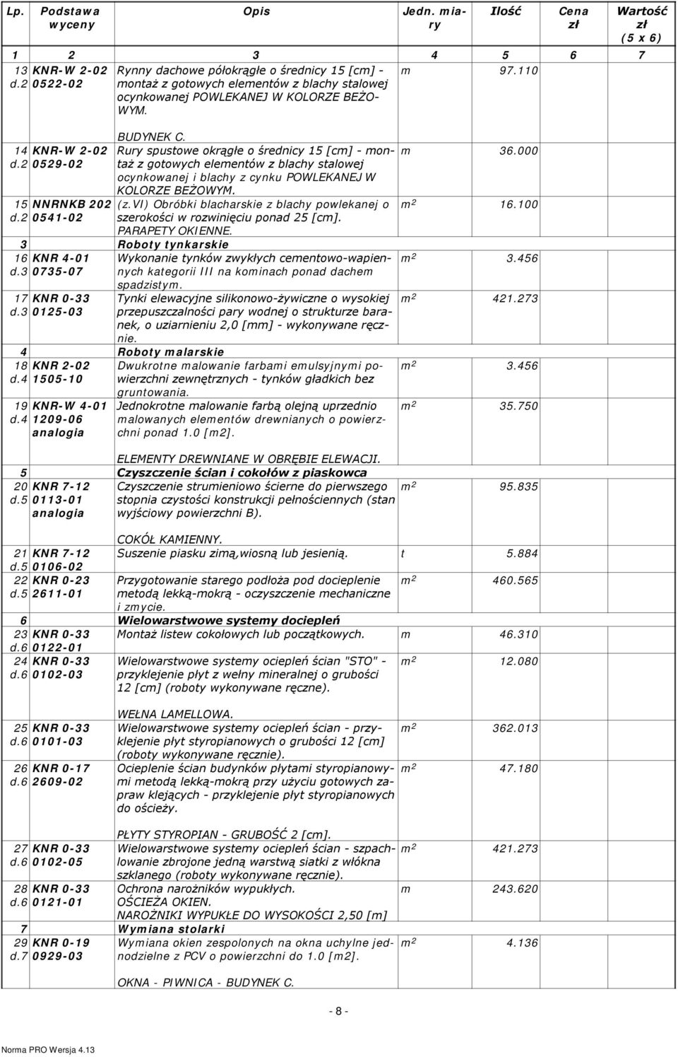 2 0541- Rury spustowe okrągłe o średnicy 15 [c] - ontaż 36.000 z gotowych eleentów z blachy stalowej ocynkowanej i blachy z cynku POWLEKANEJ W KOLORZE BEŻOWYM. (z.