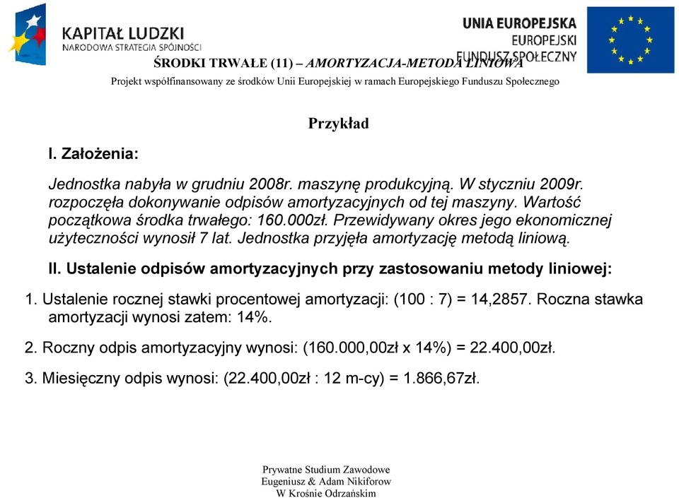 Jednostka przyjęła amortyzację metodą liniową. II. Ustalenie odpisów amortyzacyjnych przy zastosowaniu metody liniowej: 1.