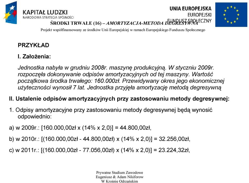 Jednostka przyjęła amortyzację metodą degresywną II. Ustalenie odpisów amortyzacyjnych przy zastosowaniu metody degresywnej: 1.