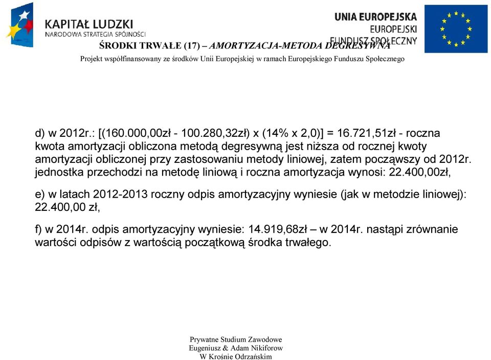 zatem począwszy od 2012r. jednostka przechodzi na metodę liniową i roczna amortyzacja wynosi: 22.