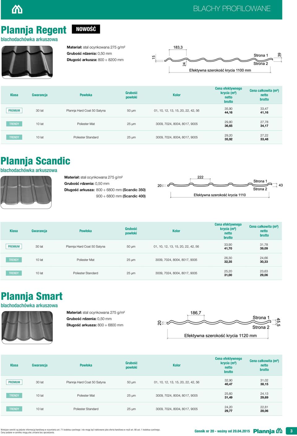 27,78 34,17 TRENDY 10 lat Poliester Standard 25 µm 3009, 7024, 8004, 8017, 9005 29,20 35,92 27,22 33,48 Plannja Scandic blachodachówka arkuszowa Materiał: stal ocynkowana 275 g/m² rdzenia: 0,50 mm
