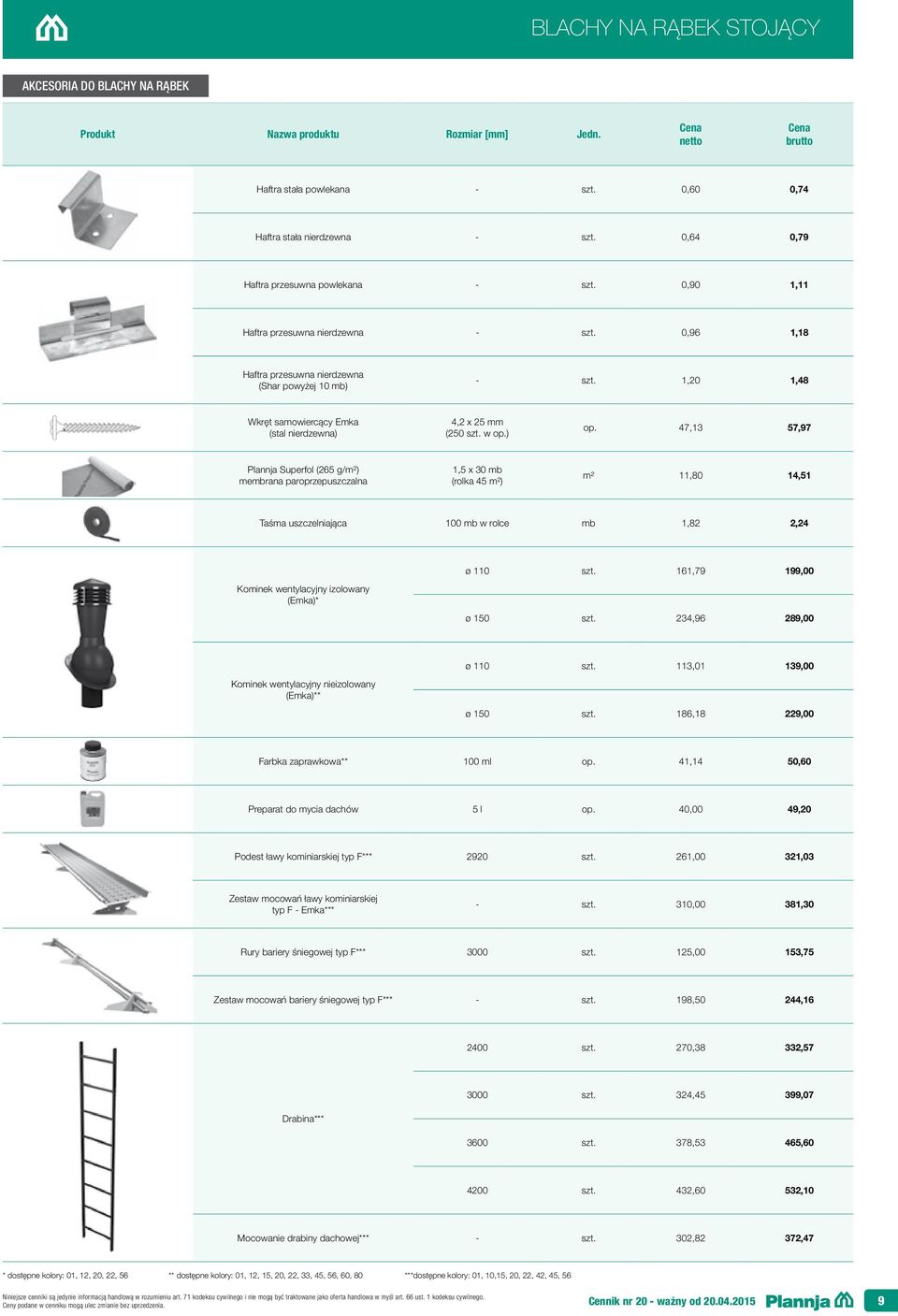 47,13 57,97 Plannja Superfol (265 g/m²) membrana paroprzepuszczalna 1,5 x 30 mb (rolka 45 m²) m² 11,80 14,51 Taśma uszczelniająca 100 mb w rolce mb 1,82 2,24 Kominek wentylacyjny izolowany (Emka)* ø