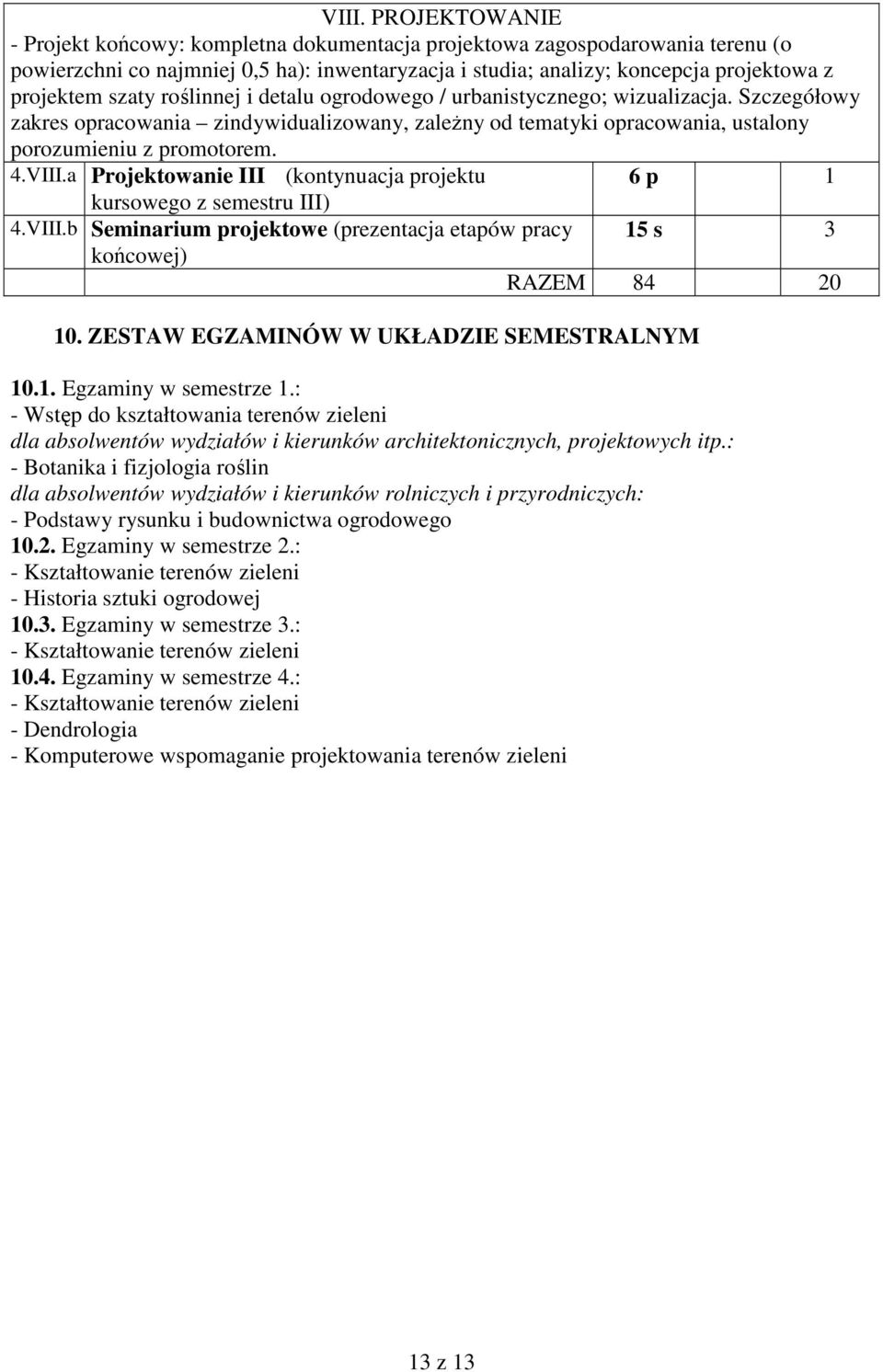 a Projektowanie III (kontynuacja projektu 6 p 1 kursowego z semestru III) 4.VIII.b Seminarium projektowe (prezentacja etapów pracy 15 s 3 końcowej) RAZEM 84 20 10.