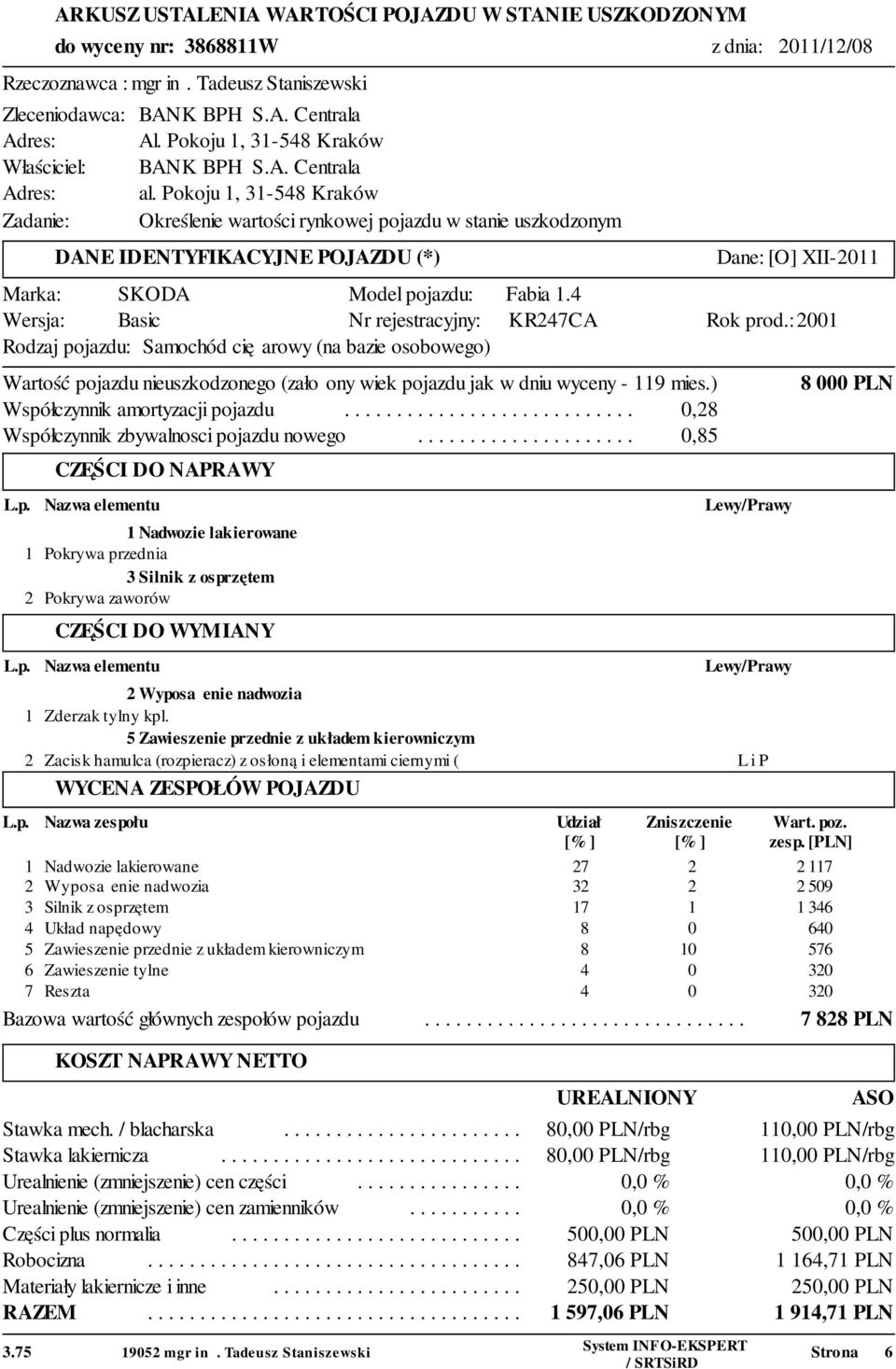 4 Wersja: Basic Nr rejestracyjny: KR247CA Rok prod.: 2001 Rodzaj pojazdu: Samochód ciężarowy (na bazie osobowego) Wartość pojazdu nieuszkodzonego (założony wiek pojazdu jak w dniu wyceny - 119 mies.