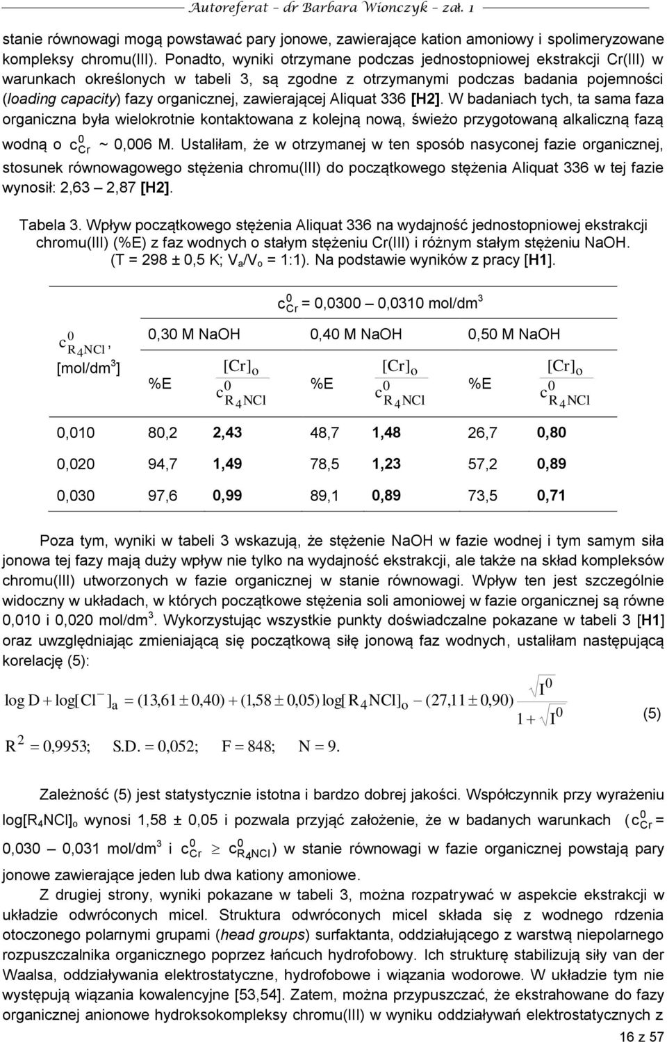zawierającej Aliquat 336 [H2]. W badaniach tych, ta sama faza organiczna była wielokrotnie kontaktowana z kolejną nową, świeżo przygotowaną alkaliczną fazą wodną o c Cr ~,6 M.