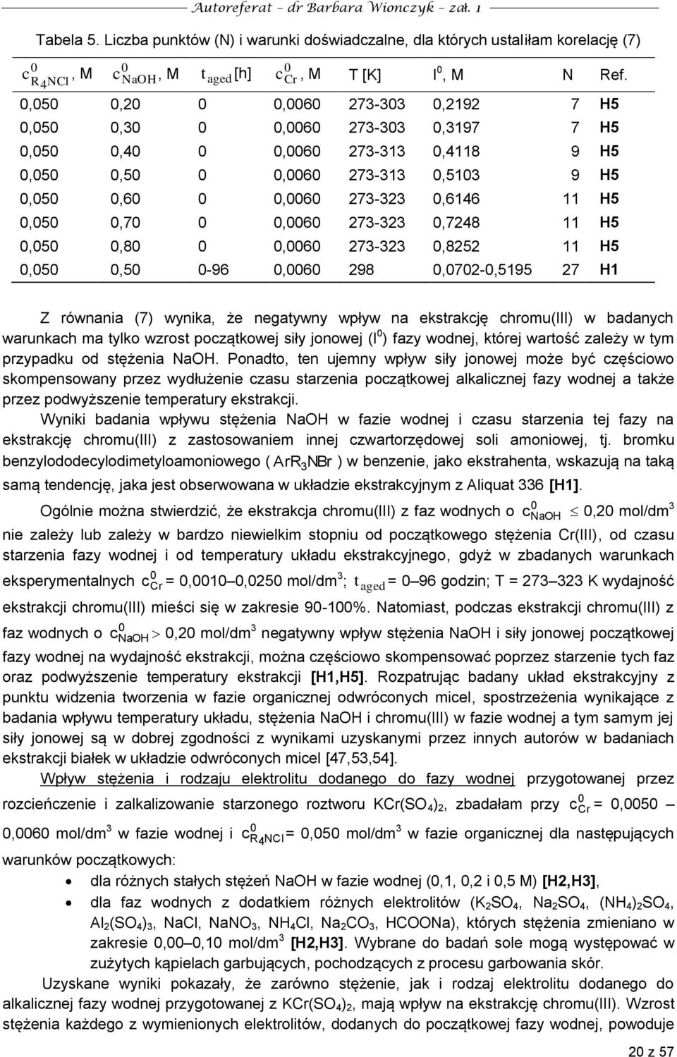 równania (7) wynika, że negatywny wpływ na ekstrakcję chromu(iii) w badanych warunkach ma tylko wzrost początkowej siły jonowej (I ) fazy wodnej, której wartość zależy w tym przypadku od stężenia