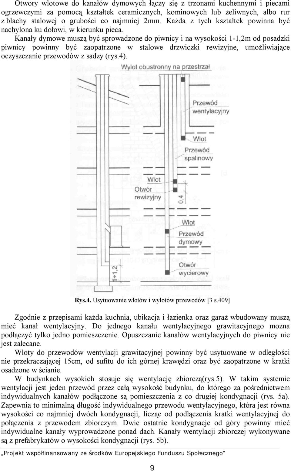 Kanały dymowe muszą być sprowadzone do piwnicy i na wysokości 1-1,2m od posadzki piwnicy powinny być zaopatrzone w stalowe drzwiczki rewizyjne, umożliwiające oczyszczanie przewodów z sadzy (rys.4).