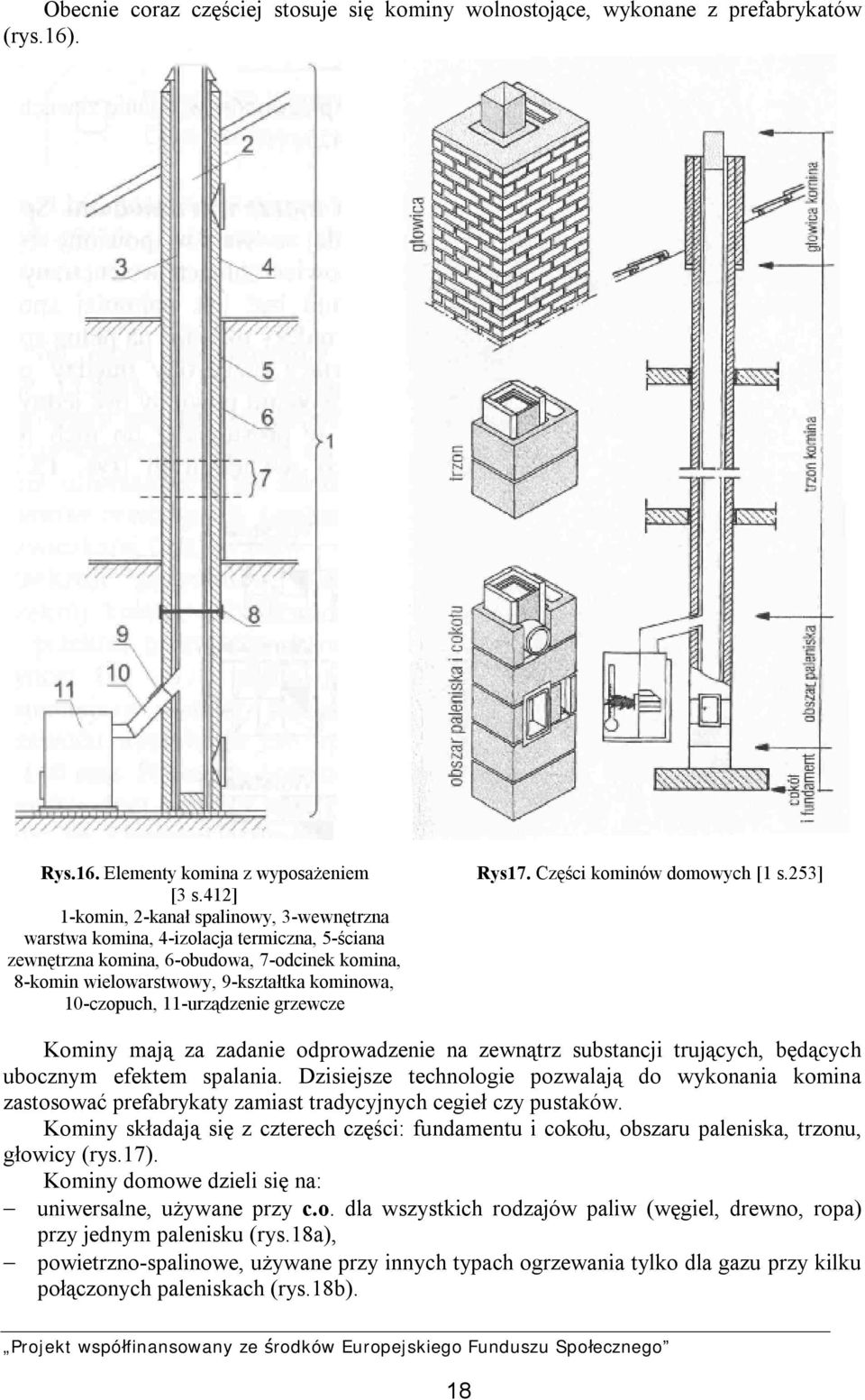 11-urządzenie grzewcze Rys17. Części kominów domowych [1 s.253] Kominy mają za zadanie odprowadzenie na zewnątrz substancji trujących, będących ubocznym efektem spalania.