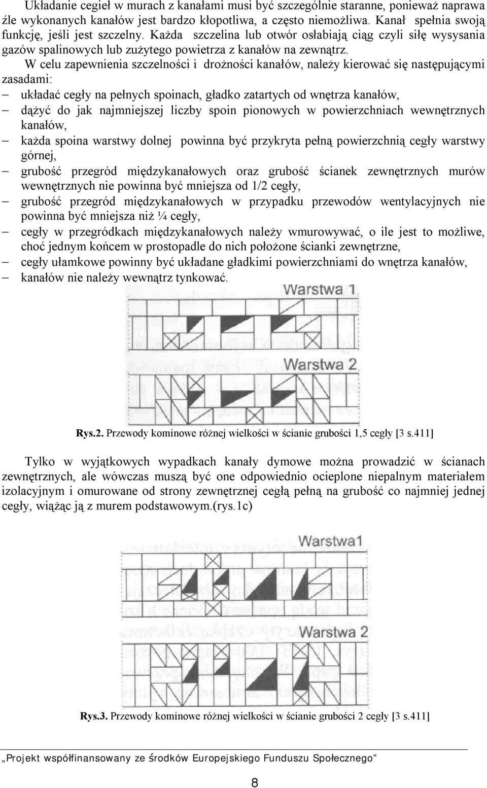 W celu zapewnienia szczelności i drożności kanałów, należy kierować się następującymi zasadami: układać cegły na pełnych spoinach, gładko zatartych od wnętrza kanałów, dążyć do jak najmniejszej