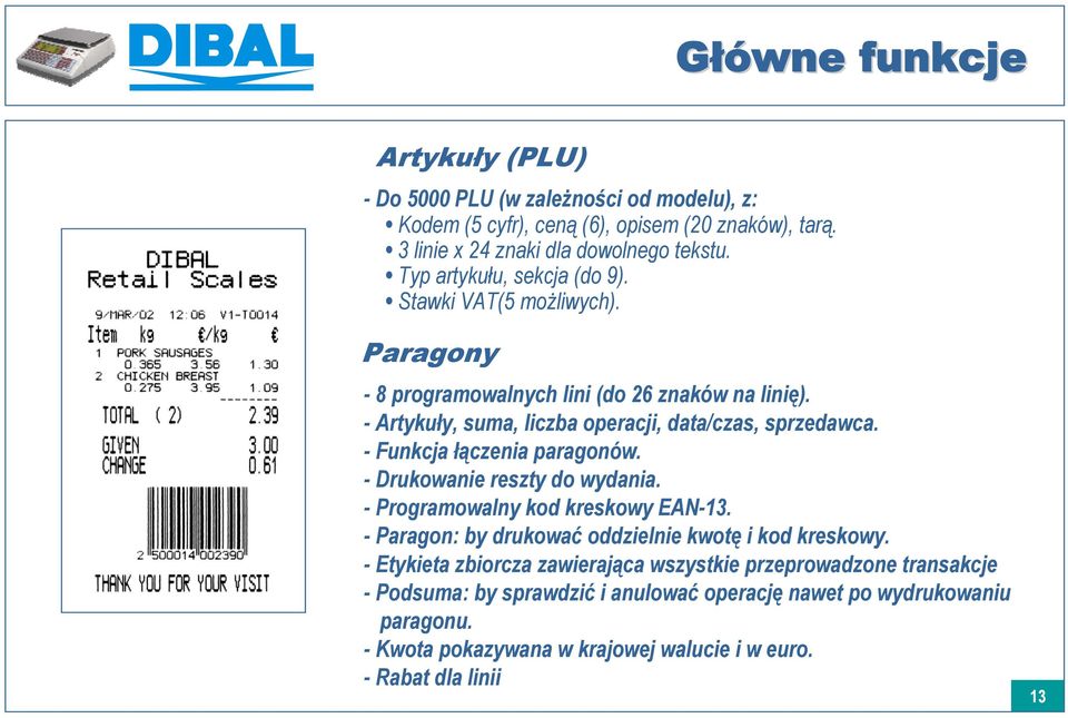 - Funkcja łączenia paragonów. - Drukowanie reszty do wydania. - Programowalny kod kreskowy EAN-13. - Paragon: by drukować oddzielnie kwotę i kod kreskowy.