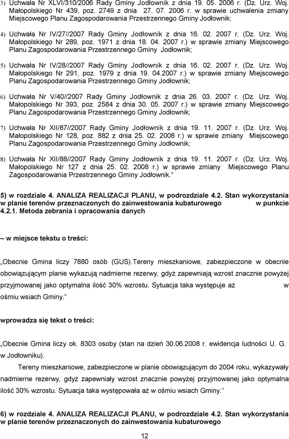 w sprawie uchwalenia zmiany Miejscowego Planu Zagospodarowania Przestrzennego Gminy Jodłownik; 4) Uchwała Nr IV/27//2007 Rady Gminy Jodłownik z dnia 16. 02. 2007 r. (Dz. Urz. Woj.