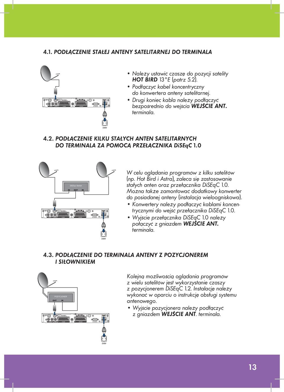 PODŁĄCZENIE KILKU STAŁYCH ANTEN SATELITARNYCH DO TERMINALA ZA POMOCĄ PRZEŁĄCZNIKA DiSEqC 1.0 KOMPUTER DiSEqc Switch W celu oglądania programów z kilku satelitów (np.