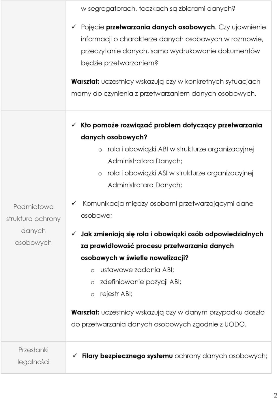 o rola i obowiązki ABI w strukturze organizacyjnej Administratora Danych; o rola i obowiązki ASI w strukturze organizacyjnej Administratora Danych; Podmiotowa struktura ochrony Komunikacja między