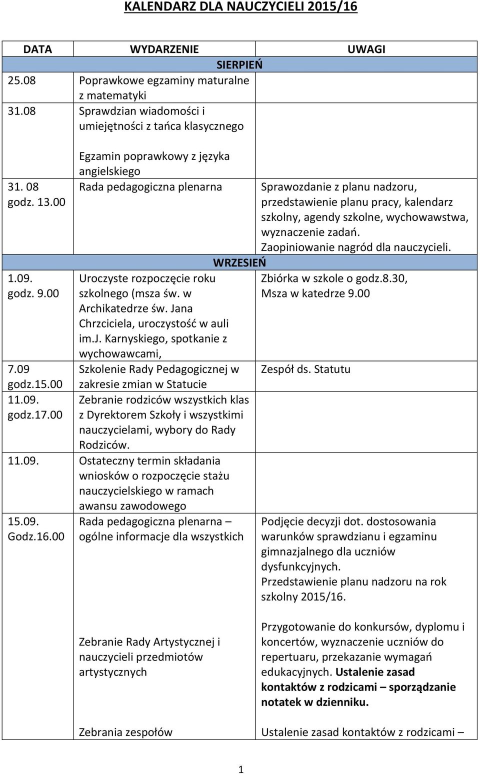 zyka angielskiego Rada pedagogiczna plenarna WRZESIEŃ Uroczyste rozpoczęcie roku szkolnego (msza św. w Archikatedrze św. Jana Chrzciciela, uroczystość w auli im.j.