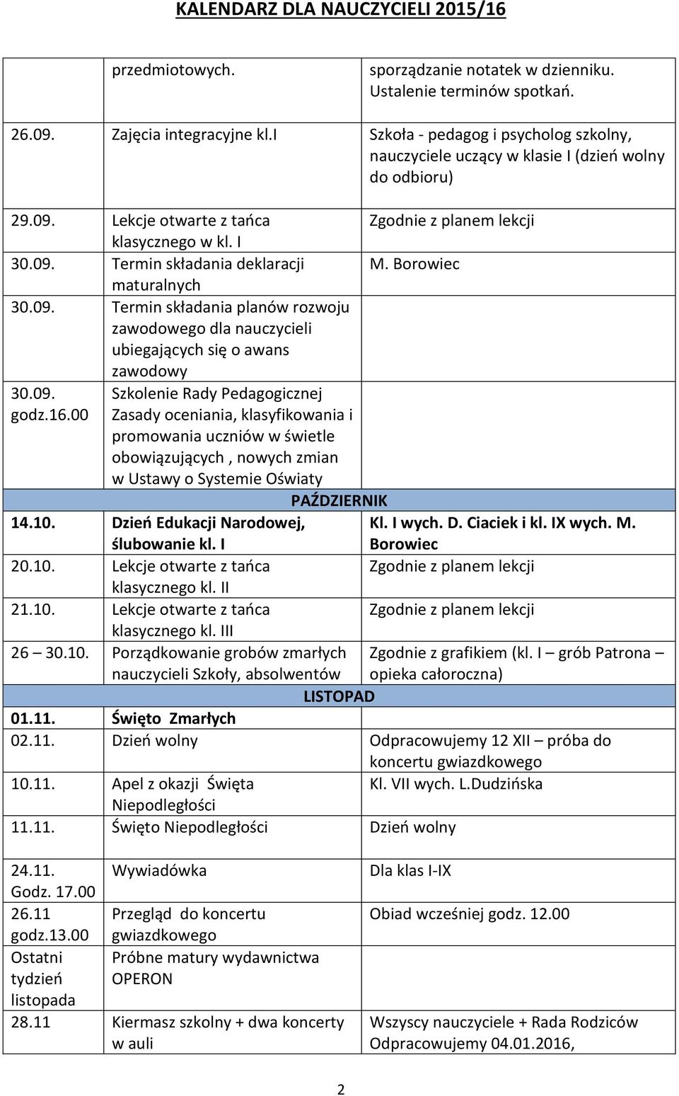 Borowiec maturalnych 30.09. Termin składania planów rozwoju zawodowego dla nauczycieli ubiegających się o awans zawodowy 30.09. godz.16.