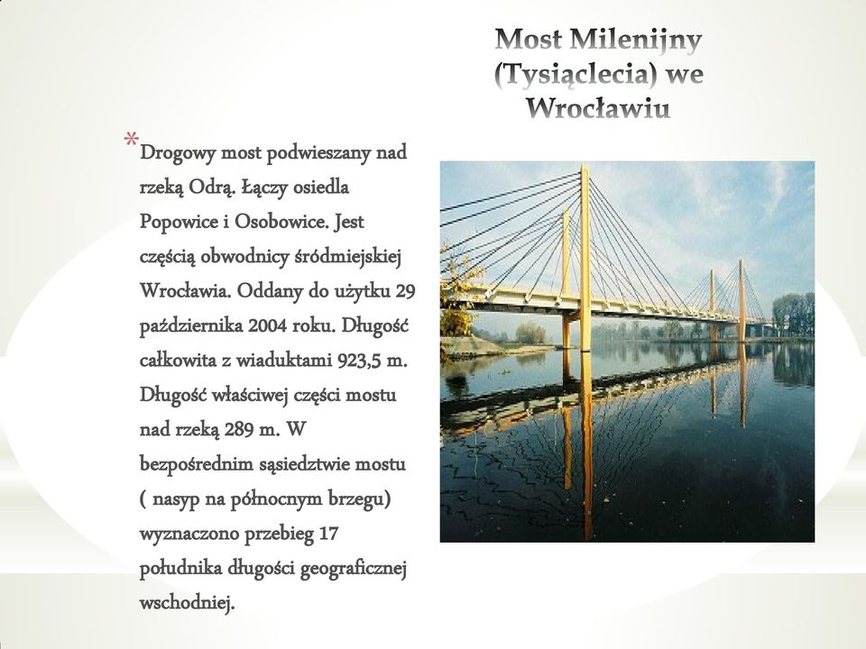 Długość całkowita z wiaduktami 923,5 m. Długość właściwej części mostu nad rzeką 289 m.
