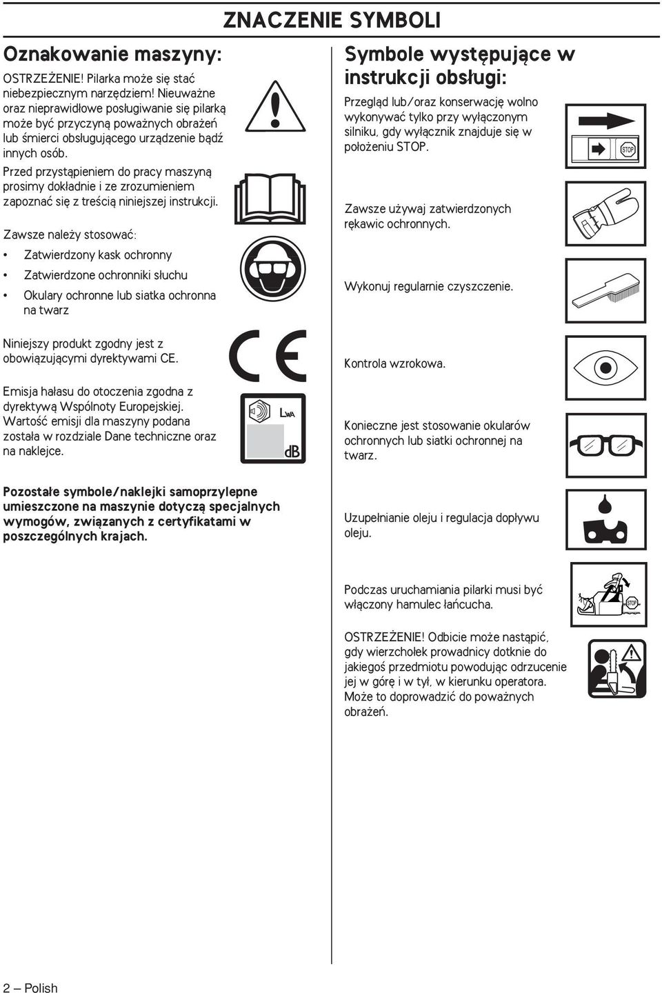 Zawsze nale y stosowaç: Zatwierdzony kask ochronny Zatwierdzone ochronniki s uchu Okulary ochronne lub siatka ochronna na twarz Niniejszy produkt zgodny jest z obowiàzujàcymi dyrektywami CE.