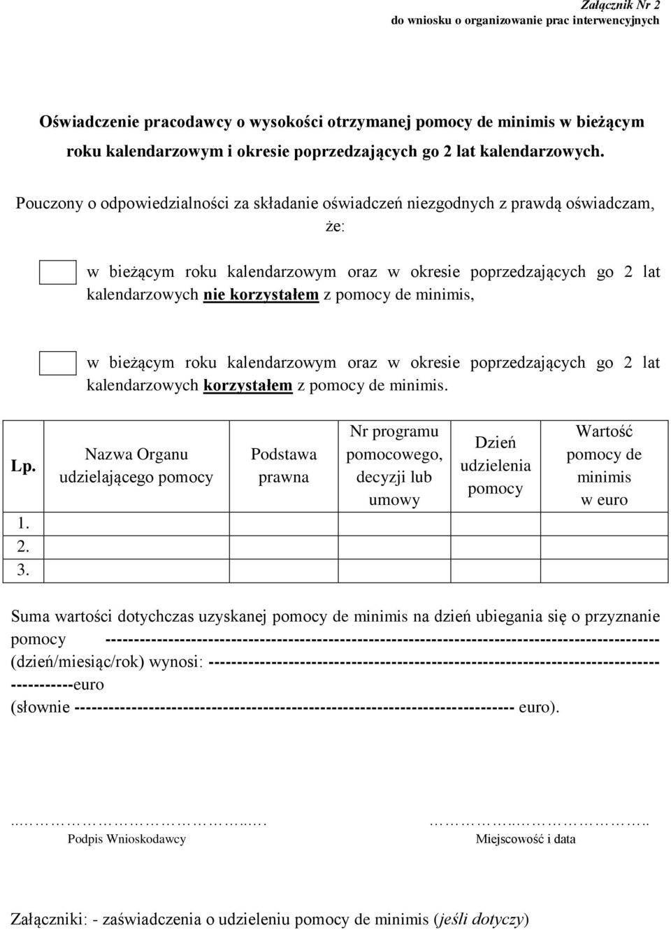 Pouczony o odpowiedzialności za składanie oświadczeń niezgodnych z prawdą oświadczam, że: w bieżącym roku kalendarzowym oraz w okresie poprzedzających go 2 lat kalendarzowych nie korzystałem z pomocy