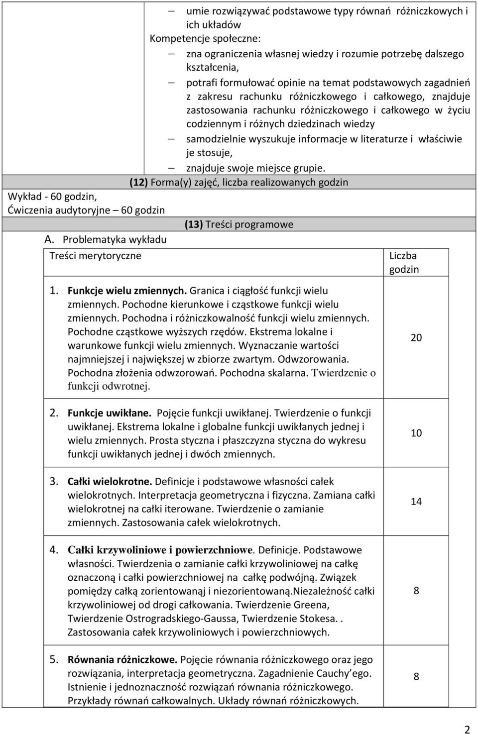 informacje w literaturze i właściwie je stosuje, znajduje swoje miejsce grupie. (12) Forma(y) zajęć, liczba realizowanych godzin Wykład - 60 godzin, Ćwiczenia audytoryjne 60 godzin A.