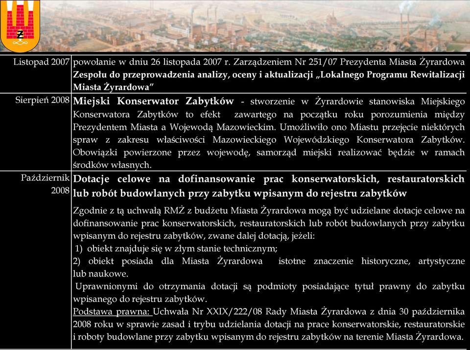 Zabytków - stworzenie w Żyrardowie stanowiska Miejskiego Konserwatora Zabytków to efekt zawartego na początku roku porozumienia między Prezydentem Miasta a Wojewodą Mazowieckim.