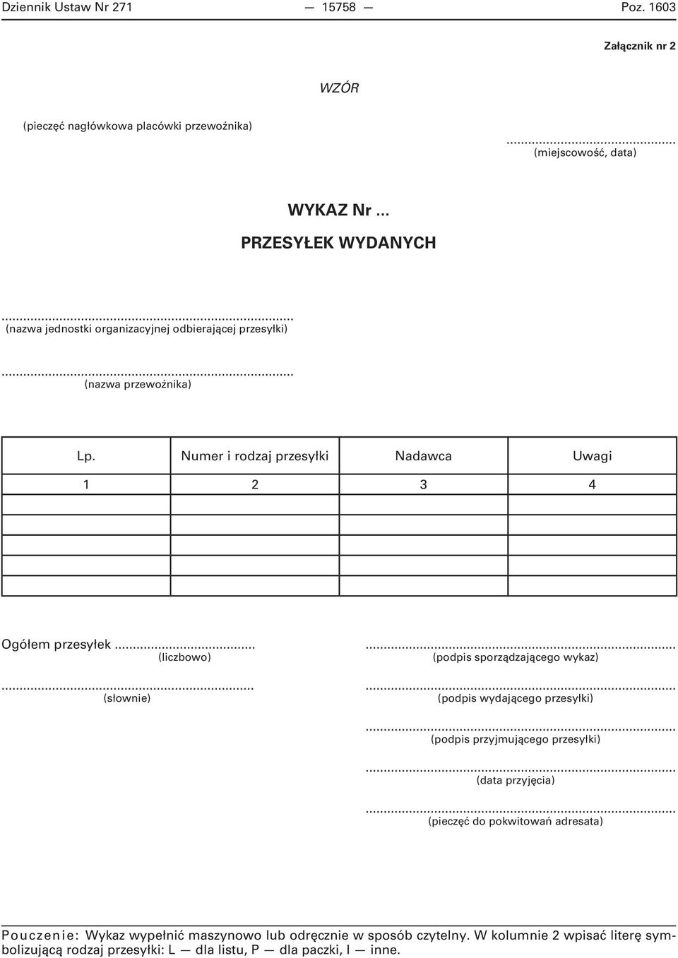 .... (liczbowo) (podpis sporządzającego wykaz)..... (słownie) (podpis wydającego przesyłki).. (podpis przyjmującego przesyłki).. (data przyjęcia).
