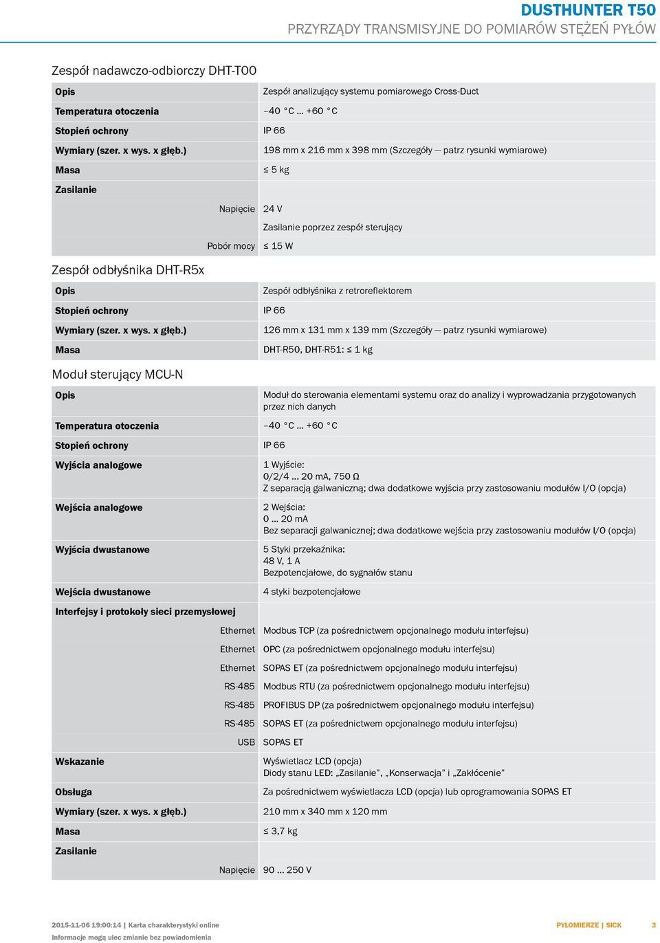 kg 24 V Zasilanie poprzez zespół sterujący 15 W Stopień ochrony IP 66 Moduł sterujący MCU-N Zespół odbłyśnika z retroreflektorem 126 mm x 131 mm x 139 mm (Szczegóły patrz rysunki wymiarowe) DHT-R50,