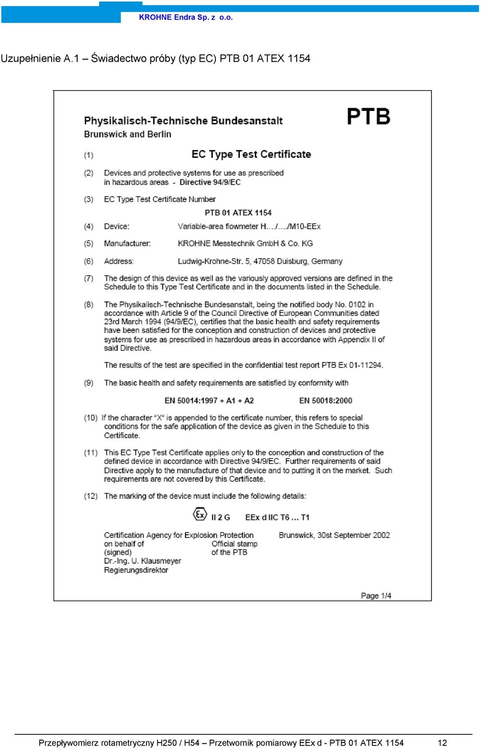 ATEX 1154 Przepływomierz