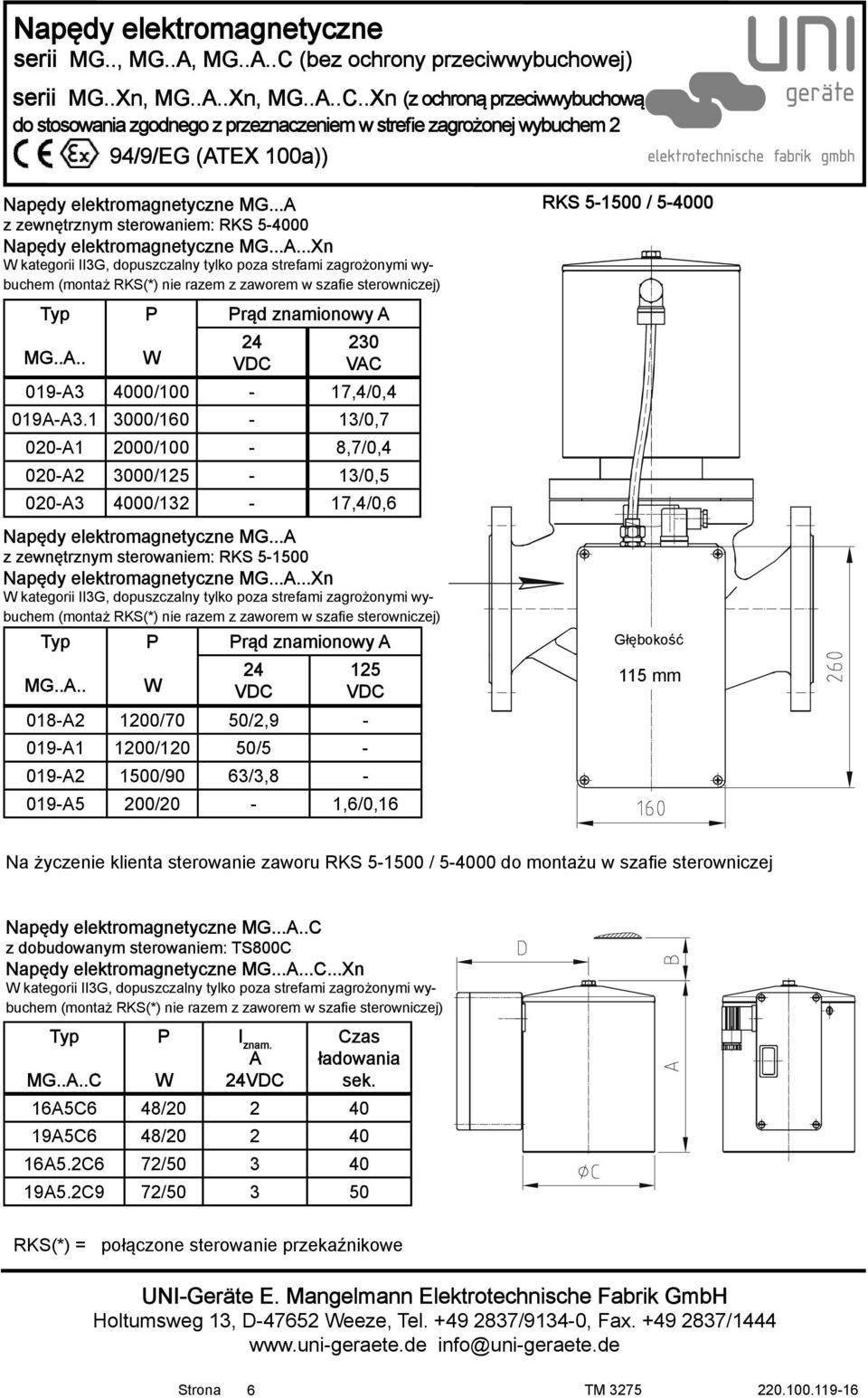 ..A z zewnętrznym sterowaniem: RKS 5-1500 Napędy elektromagnetyczne MG...A...Xn W kategorii II3G, dopuszczalny tylko poza strefami zagrożonymi wybuchem (montaż RKS(*) nie razem z zaworem w szafie sterowniczej) Prąd znamionowy A MG.