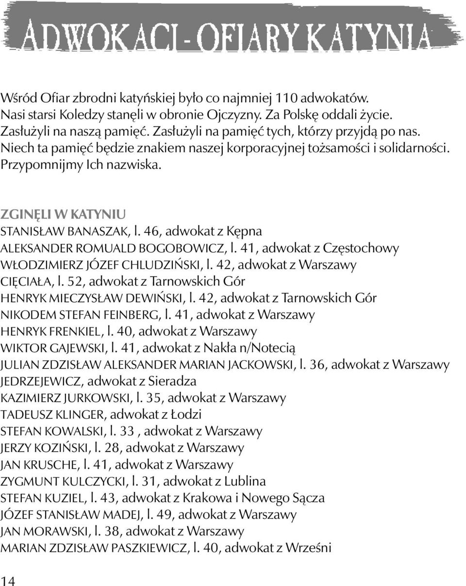 46, adwokat z Kępna ALEKSANDER ROMUALD BOGOBOWICZ, l. 41, adwokat z Częstochowy WŁODZIMIERZ JÓZEF CHLUDZIŃSKI, l. 42, adwokat z Warszawy CIĘCIAŁA, l.
