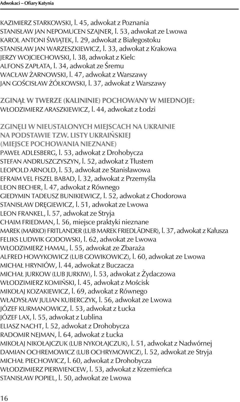 47, adwokat z Warszawy JAN GOŚCISŁAW ŻÓŁKOWSKI, l. 37, adwokat z Warszawy ZGINĄŁ W TWERZE (KALININIE) POCHOWANY W MIEDNOJE: WŁODZIMIERZ ARASZKIEWICZ, l.