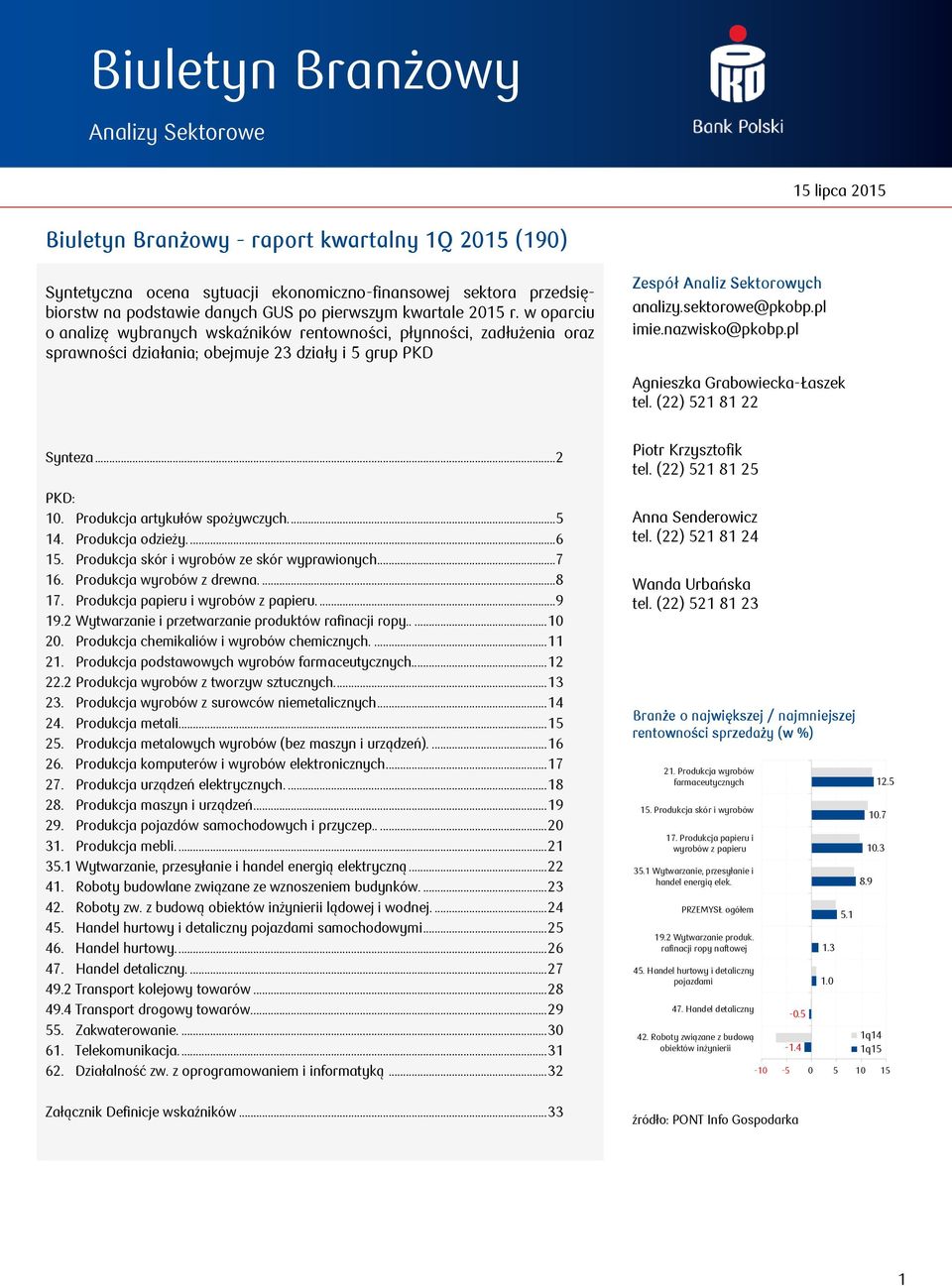 nazwisko@pkobp.pl Agnieszka Grabowiecka-Łaszek tel. (22) 21 81 22 Synteza...2 PKD: 1. Produkcja artykułów spożywczych.... 14. Produkcja odzieży....6 1. Produkcja skór i wyrobów ze skór wyprawionych.