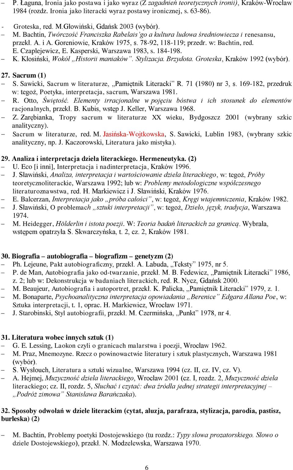 w: Bachtin, red. E. Czaplejewicz, E. Kasperski, Warszawa 1983, s. 184-198. K. Kłosiński, Wokół Historii maniaków. Stylizacja. Brzydota. Groteska, Kraków 1992 (wybór). 27. Sacrum (1) S.