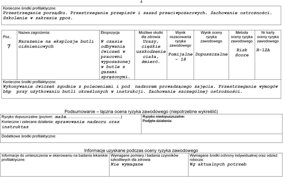 oceny Wykonywanie ćwiczeń zgodnie z poleceniami i pod nadzorem prowadzącego zajęcia. Przestrzeganie wymogów bhp przy użytkowaniu butli określonych w instrukcji. Zachowanie szczególnej ostrożności.