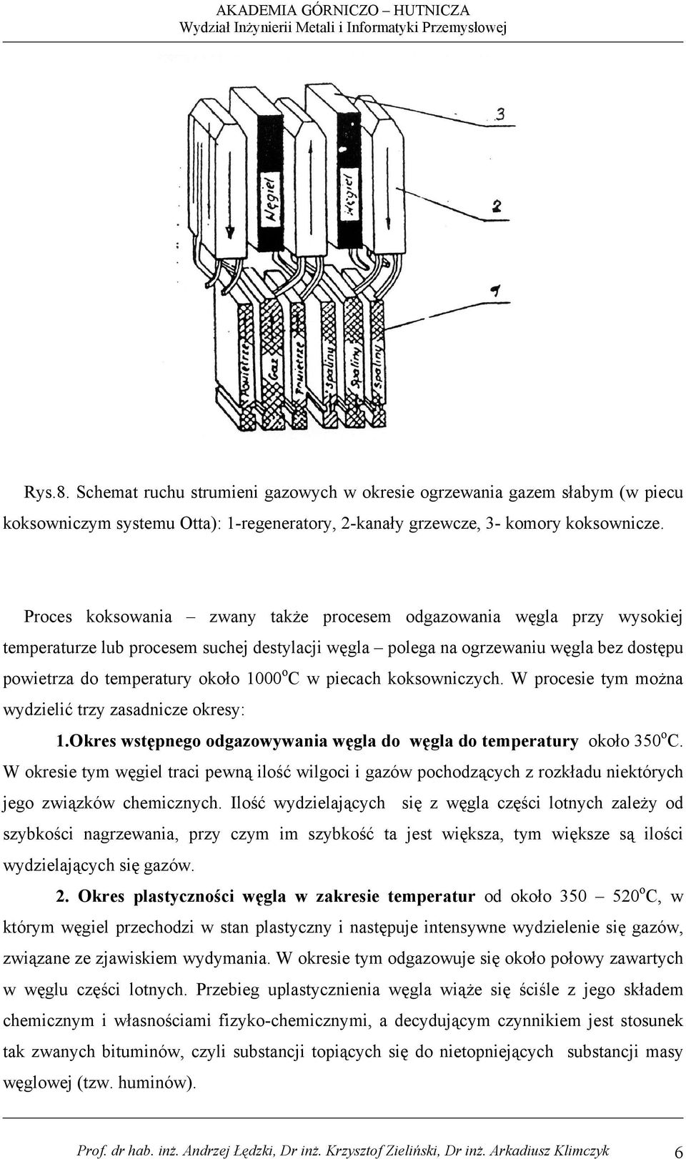 w piecach koksowniczych. W procesie tym można wydzielić trzy zasadnicze okresy: 1.Okres wstępnego odgazowywania węgla do węgla do temperatury około 350 o C.