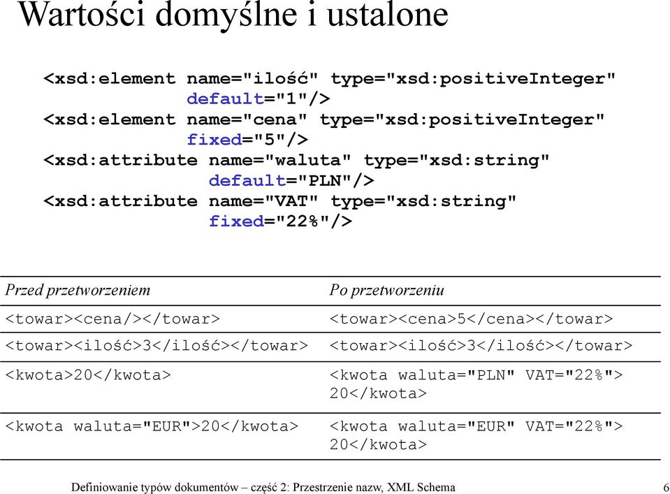 <towar><cena/></towar> <towar><ilość>3</ilość></towar> <kwota>20</kwota> <kwota waluta="eur">20</kwota> Po przetworzeniu <towar><cena>5</cena></towar>