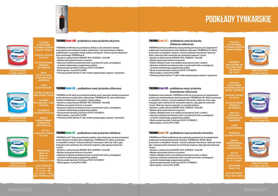zależności od podłoża ok. 0,2 l/m 2 Wiadro 10 l Wiadro 5 l Wiadro 2,5 l (tylko THERMAGrunt-AM) 10 l x 44 szt. = 440 l 5 l x 72 szt. = 360 l 2,5 l x 5 szt.