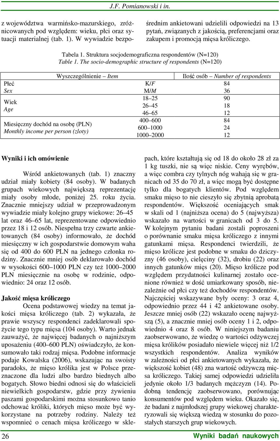 Struktura socjodemograficzna respondentów (N=120) Table 1.