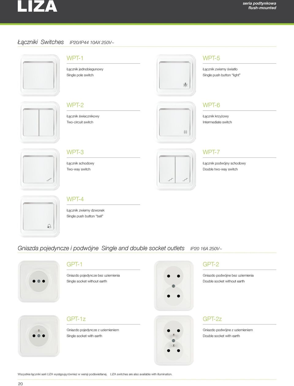 pojedyncze i podwójne Single and double socket outlets IP20 16A 250V~ GPT-1 Gniazdo pojedyncze bez uziemienia Single socket without earth GPT-2 Gniazdo podwójne bez uziemienia Double socket without
