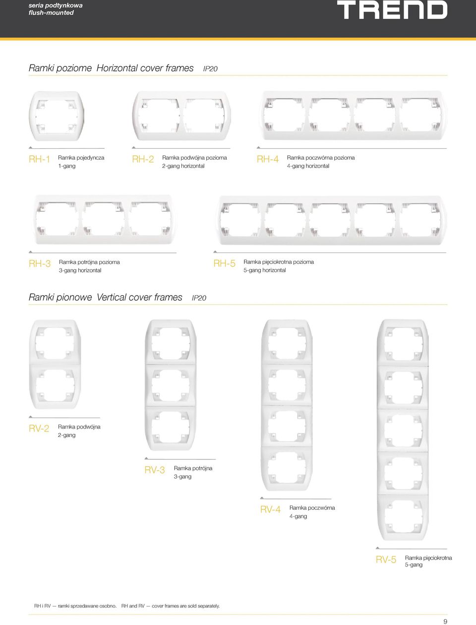 5-gang horizontal Ramki pionowe Vertical cover frames IP20 RV-2 Ramka podwójna 2-gang RV-3 Ramka potrójna 3-gang RV-4 Ramka